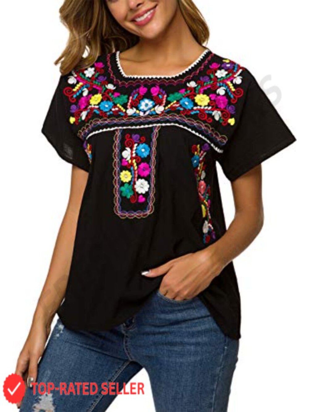 Women's Mexican Embroidered Peasant Top 100% Cotton Loose Fit Summer Blouse